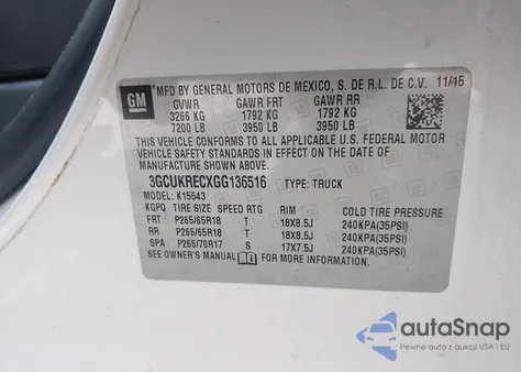 2016 Chevrolet Silverado 1500 1Lt z USA, uszkodzony, nr VIN 3GCUKRECXGG136516